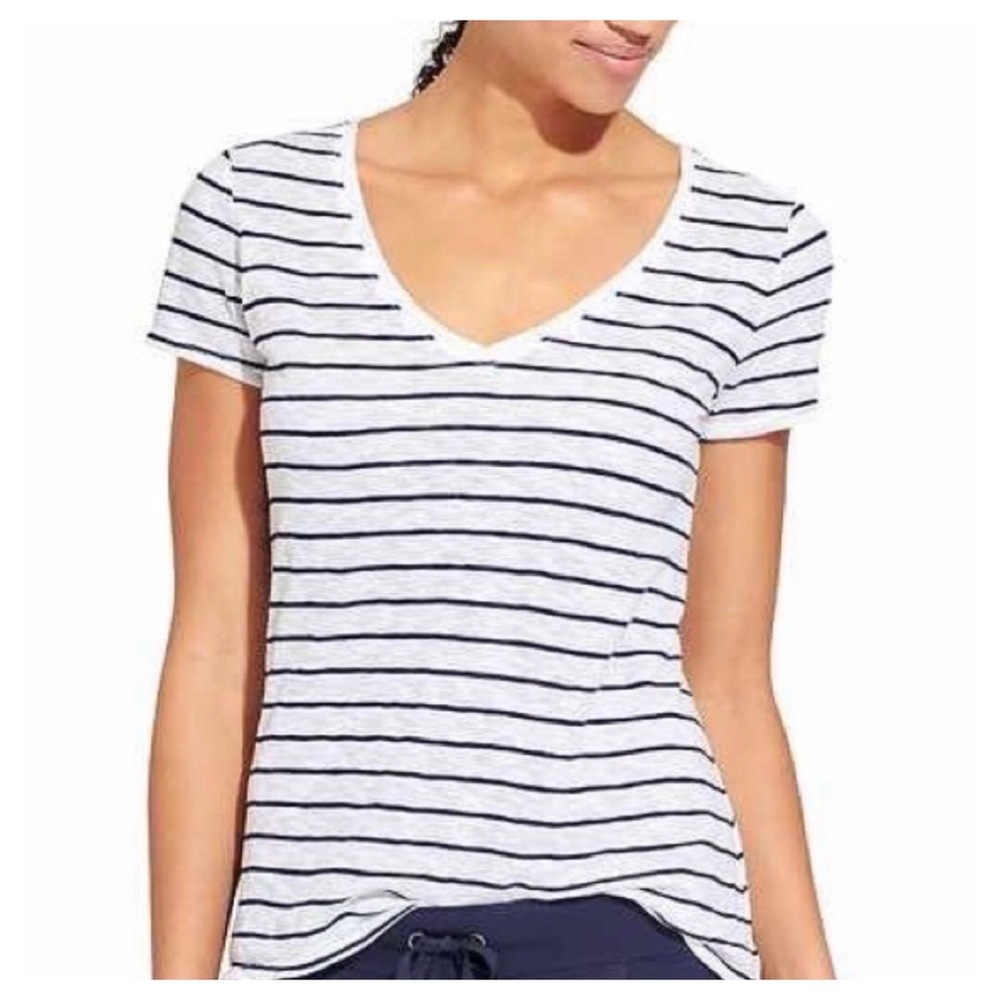 ATHLETA Gray And Black Stripe V- Neck Tee Size S